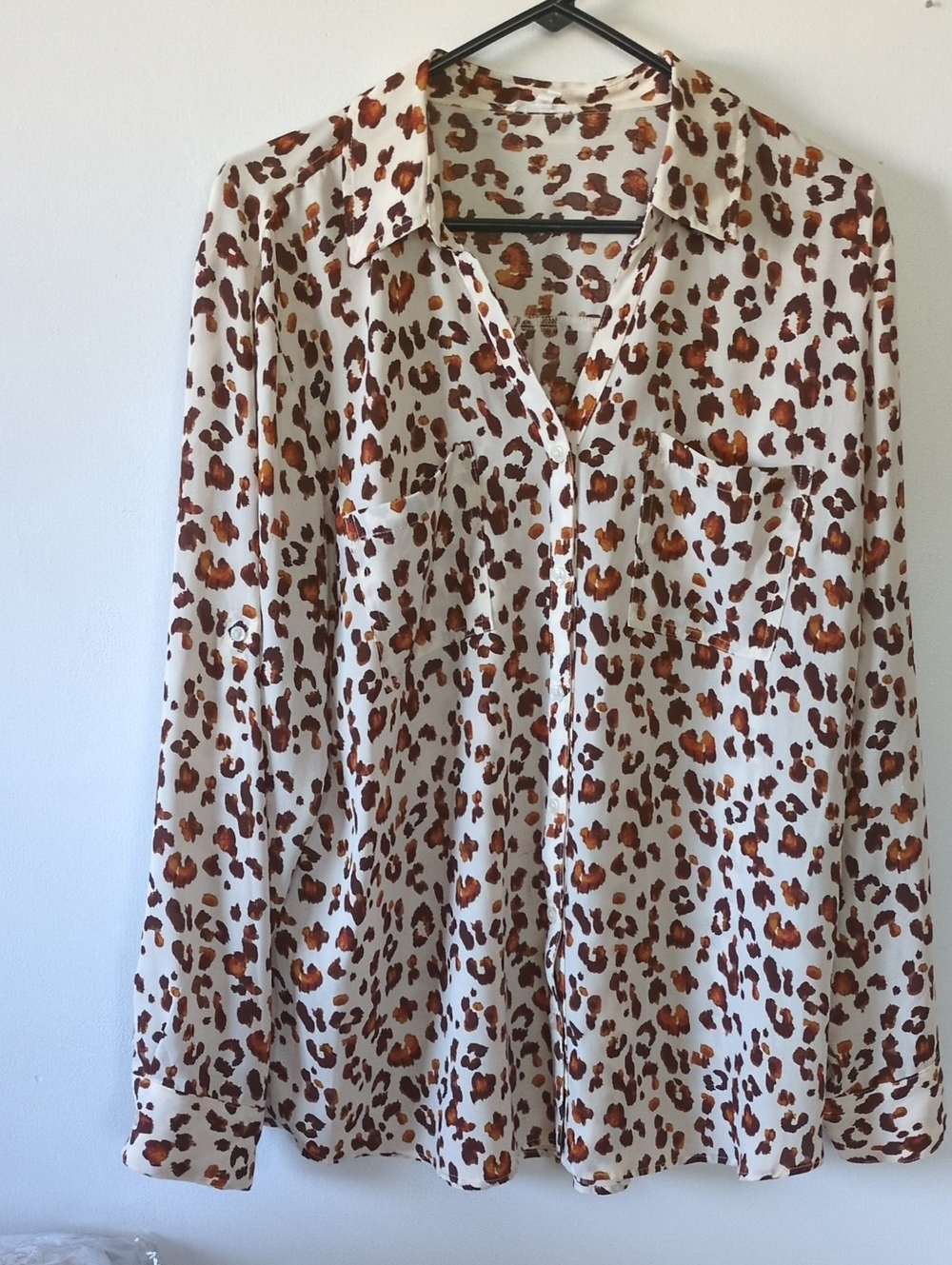 Maurices Cream Button-Up Shirt with Brown Leopard Spots